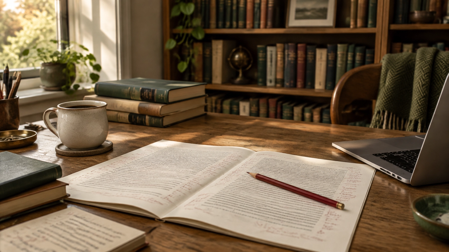 An open manuscript, pencil, coffee, and books on a writing desk